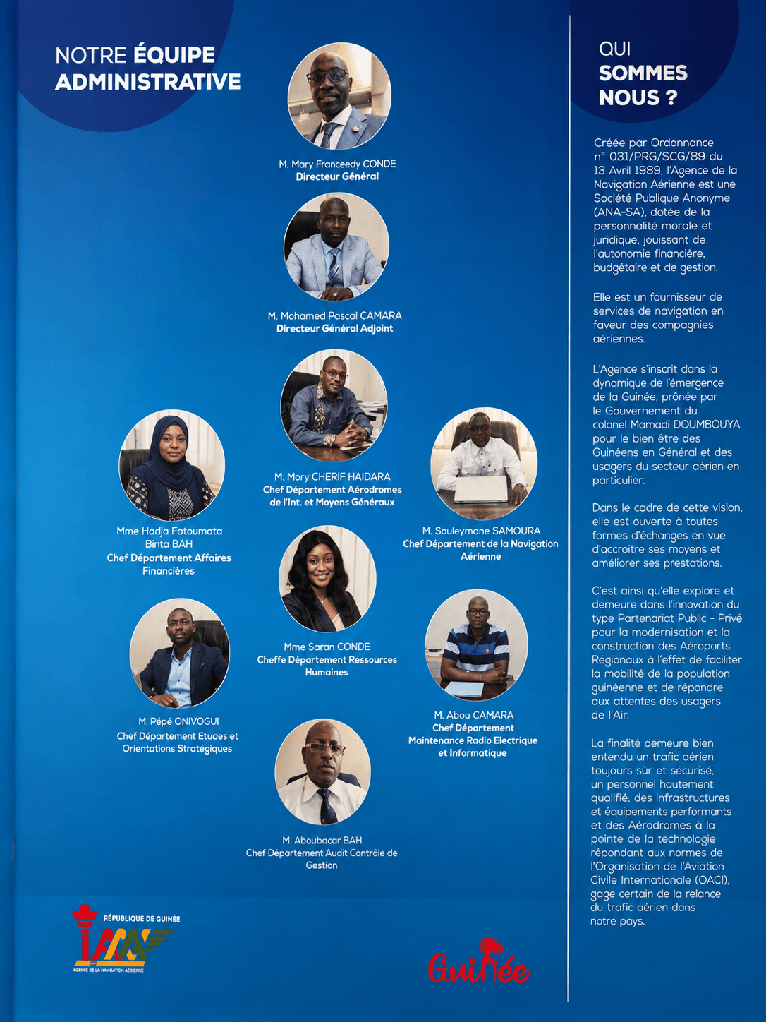 Équipe administrative de l'ANA-SA : Directeur Général, Directeur Général Adjoint et chefs de département